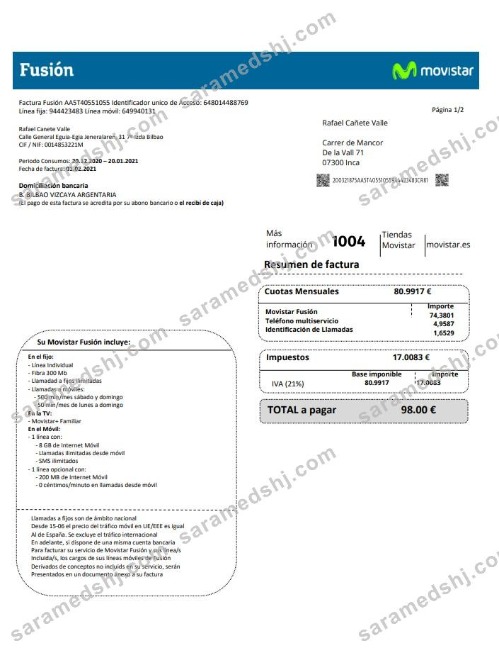 Spain Movistar Fusion telecom operator utility bill document in Word and PDF format
